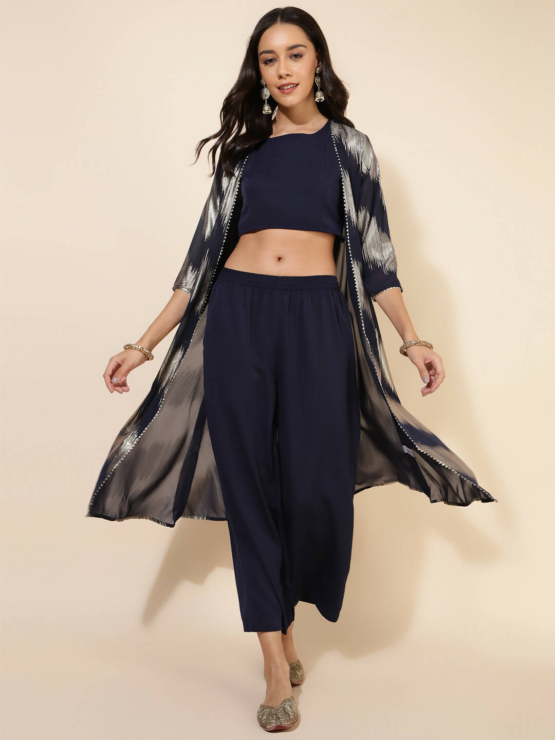 Janasya Women's Dark Blue Crepe Foil Printed Festive Crop Top Set | Swadesiicart