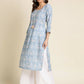 Blue Linen Floral Printed Straight Fit Kurta - Prasuti