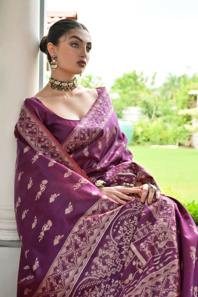 Vishnu Weaves Women's Wine Handloom Raw Silk Thread Weaving Saree with Blouse - Swadesiicart