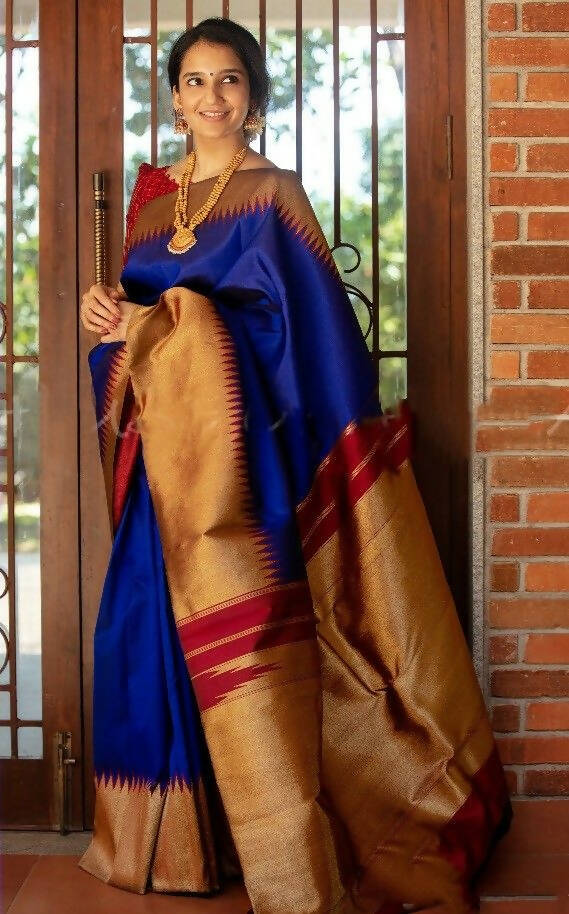 DEIANA'S Beautiful Designer Golden zari Soft Lichi Silk Saree - Blue - Swadesiicart