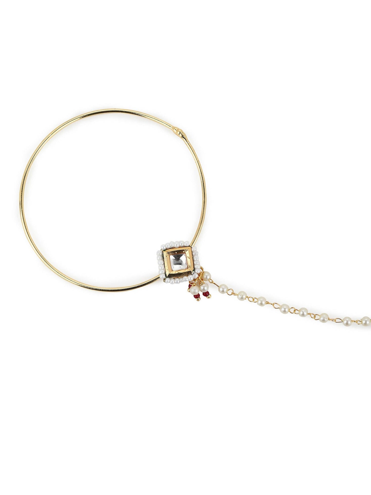 White Gold-Polished Kundan Studded Beaded Nosepin - Ruby Raang | Swadesiicart