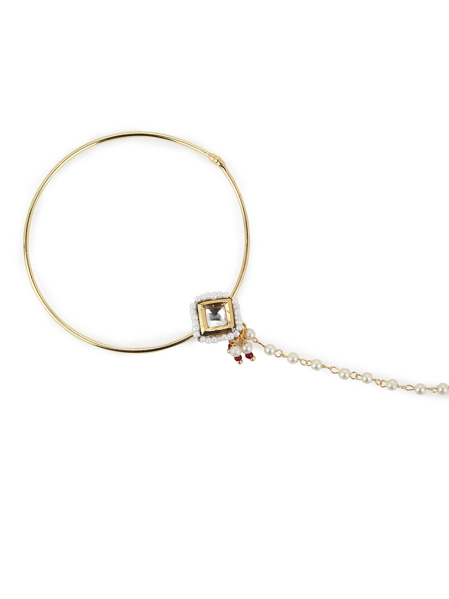 White Gold-Polished Kundan Studded Beaded Nosepin - Ruby Raang | Swadesiicart