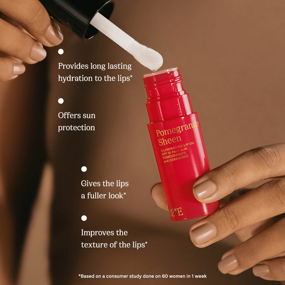 82°E By Deepika Padukone Pomegranate Sheen SPF 15 PA++ Illuminating Lip Oil with Pomegranate and Ceramides | Swadesiicart