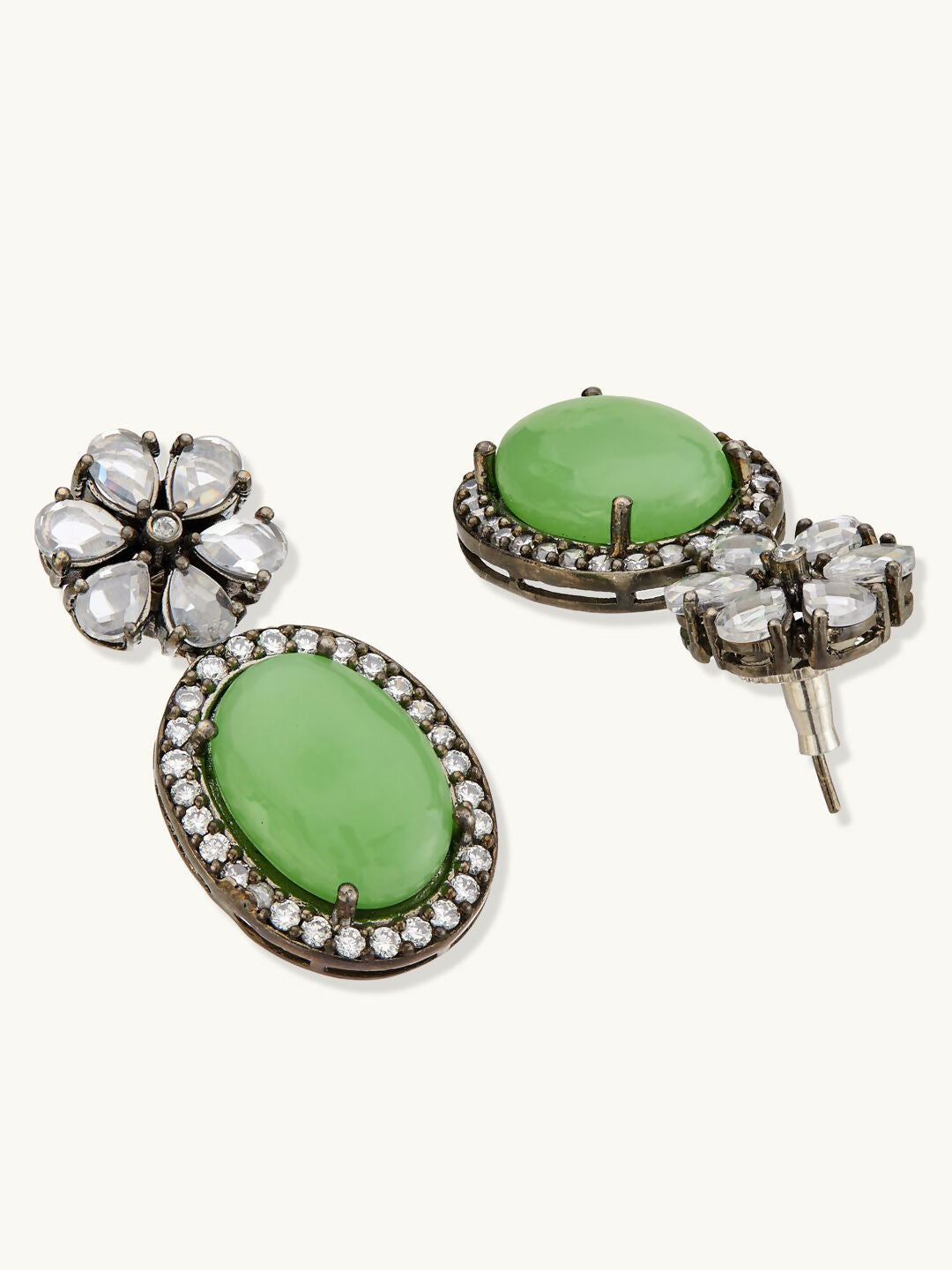 Nuyug Antique Silver Plated Crystal Studded Faux Jade Stones Embellished Necklace Set | Swadesiicart