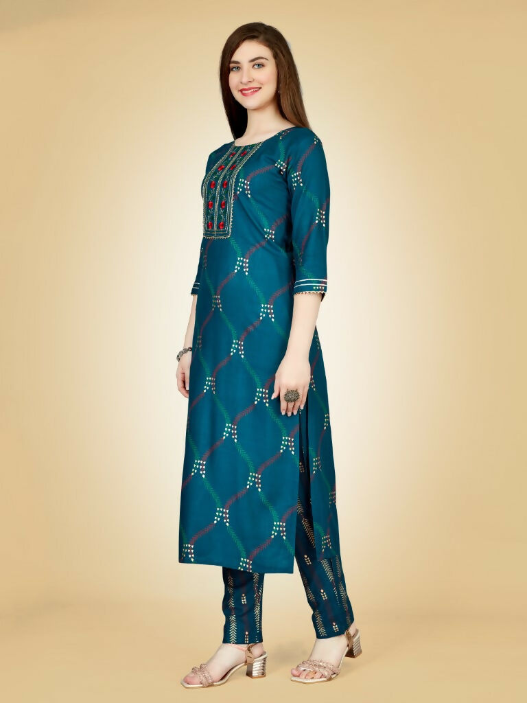 Jyoti Fashion Women's Teal Viscose Rayon Embroidered Kurta Pant Set | Swadesiicart
