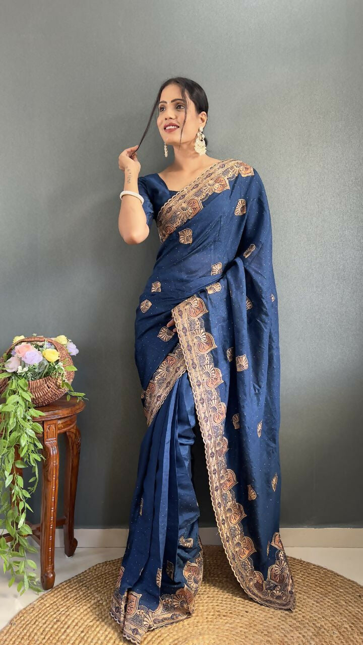 Vastranavya Blue Vichitra Silk Zari with Swarovski Work Ready to Wear Saree | Swadesiicart
