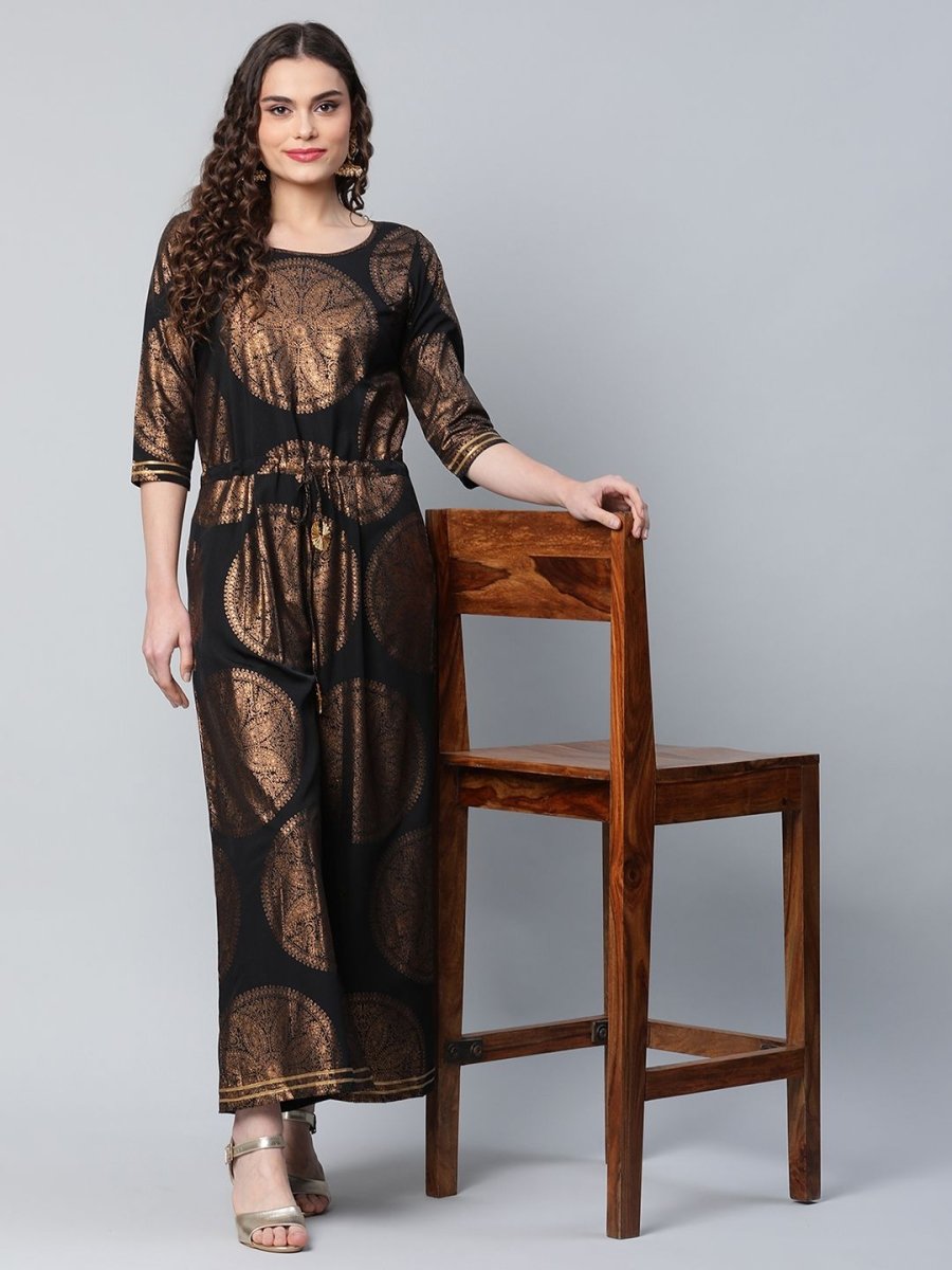 Ahalyaa Black Crepe Copper Foil Printed Jumpsuit - Swadesiicart