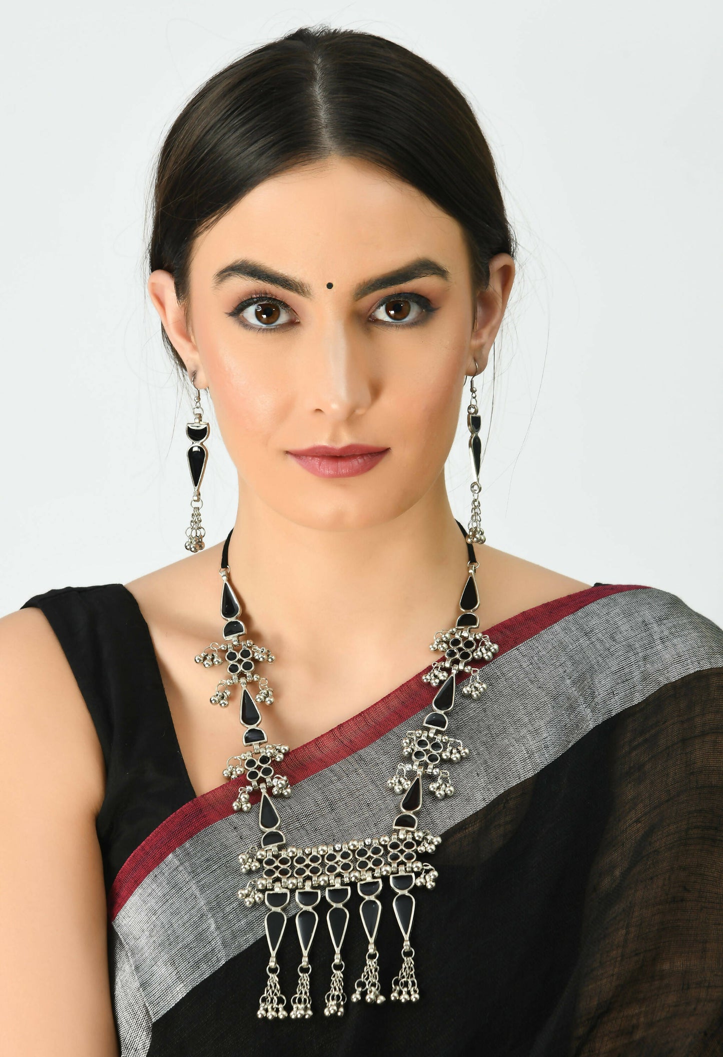 Mominos Fashion Johar Kamal Oxidised Silver-Plated Meenakari Long Necklace Set - Swadesiicart