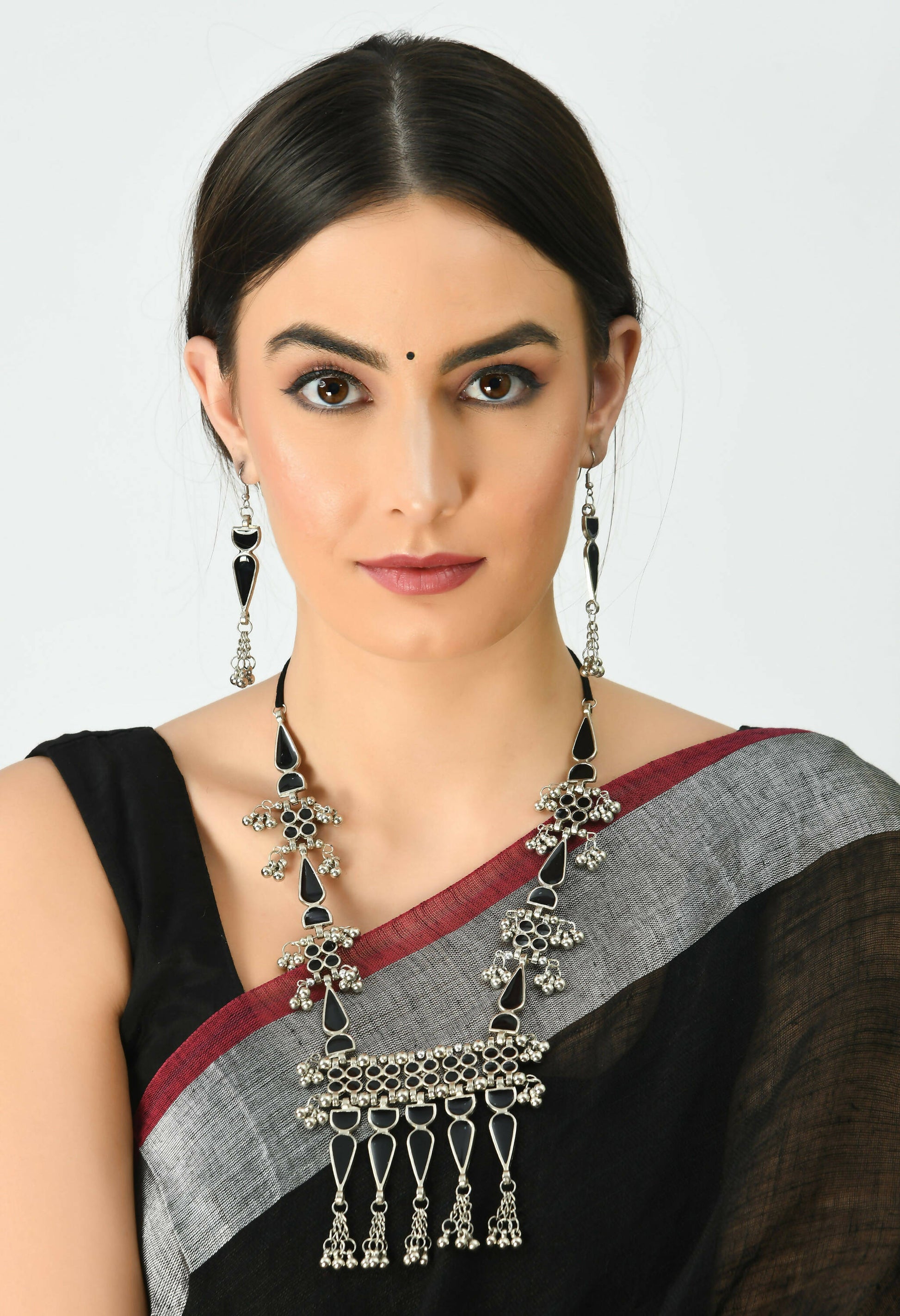 Mominos Fashion Johar Kamal Oxidised Silver-Plated Meenakari Long Necklace Set - Swadesiicart