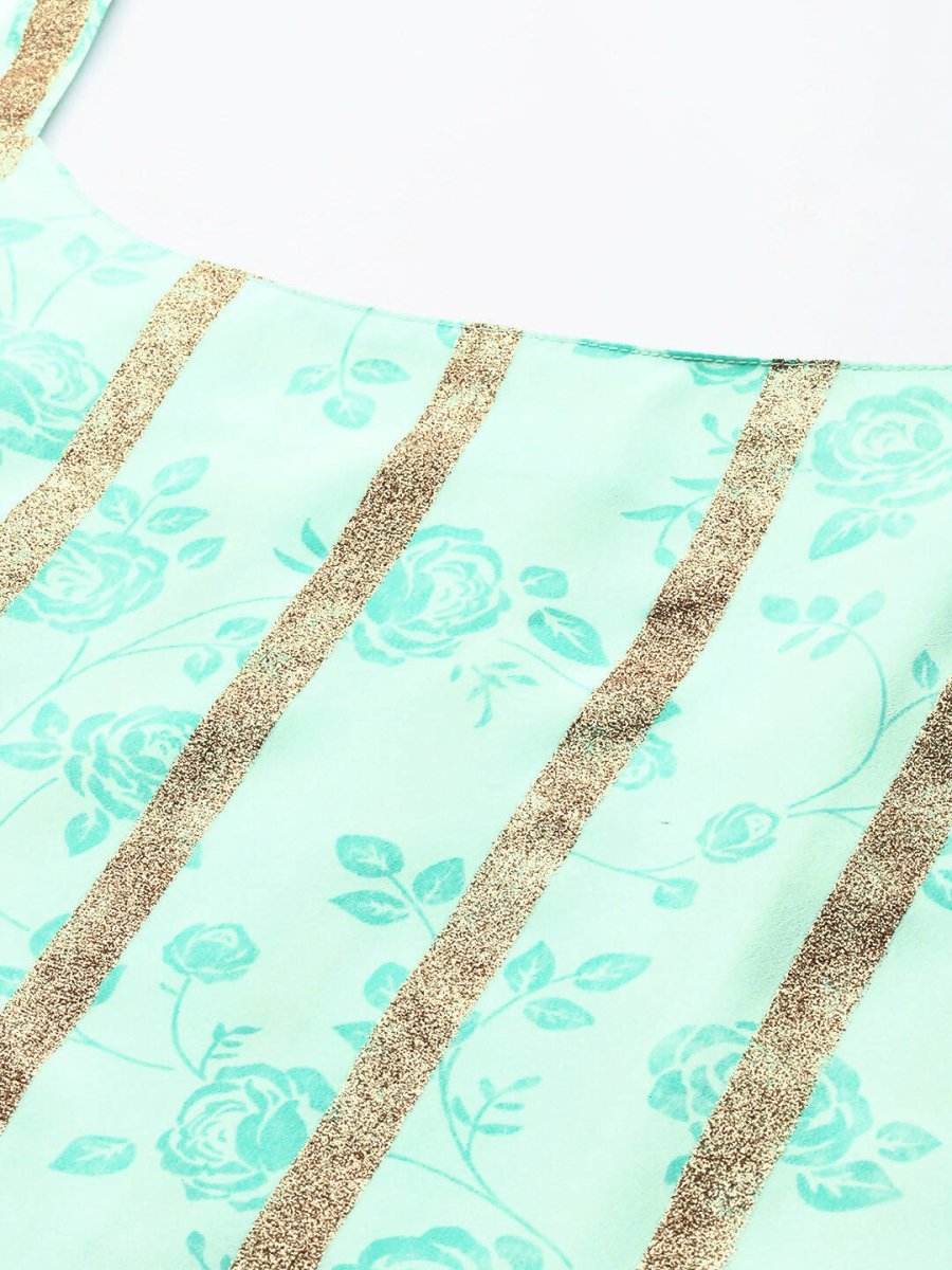 Ahalyaa Blue & Gold Floral Printed & Striped Straight Kurti with Sharara | Swadesiicart