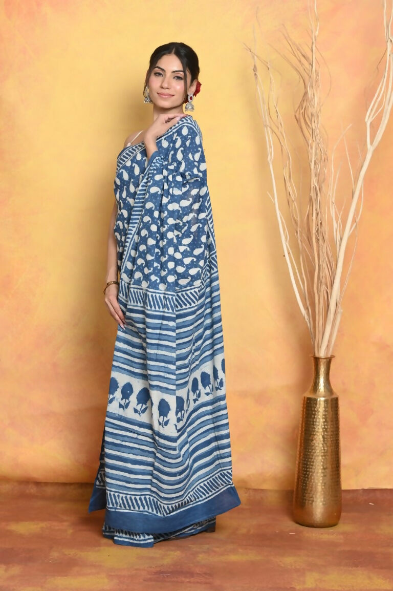 Very Much Indian Handblock Printed Cotton Saree With Natural Dyes - Blue | Swadesiicart