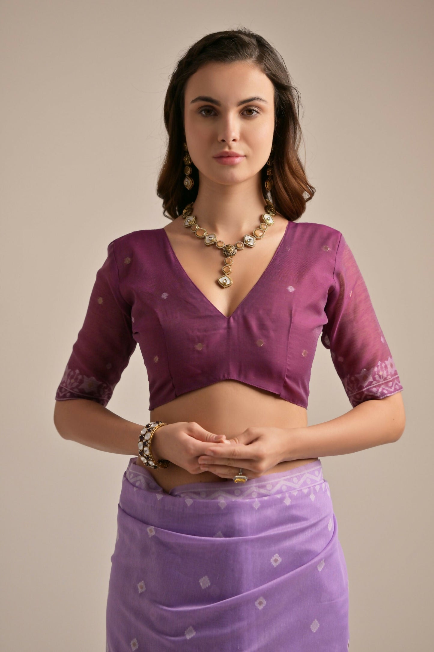 Vishnu Weaves Women's Lavender Muga Cotton Woven Saree with Blouse - Swadesiicart