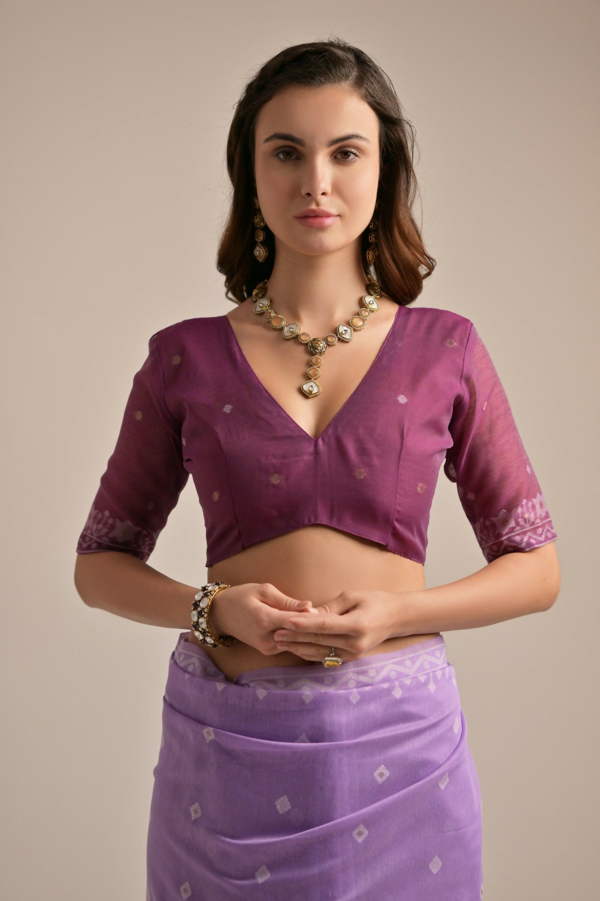 Vishnu Weaves Women's Lavender Muga Cotton Woven Saree with Blouse - Swadesiicart