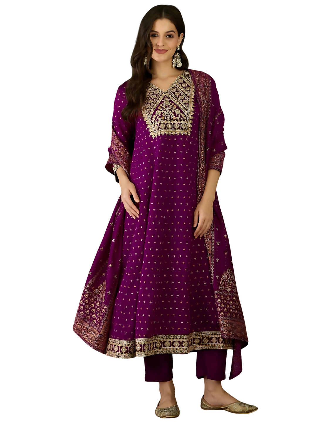 The52 Wine Women's Gorgeous Embroidered Work Vichitra Silk Fabric Flared Kurta Pant and Dupatta Set - Swadesiicart