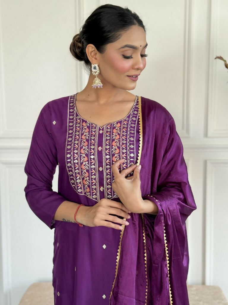 Purple Rayon Slub Stitched Suit With Dupatta - Tanisha | Swadesiicart