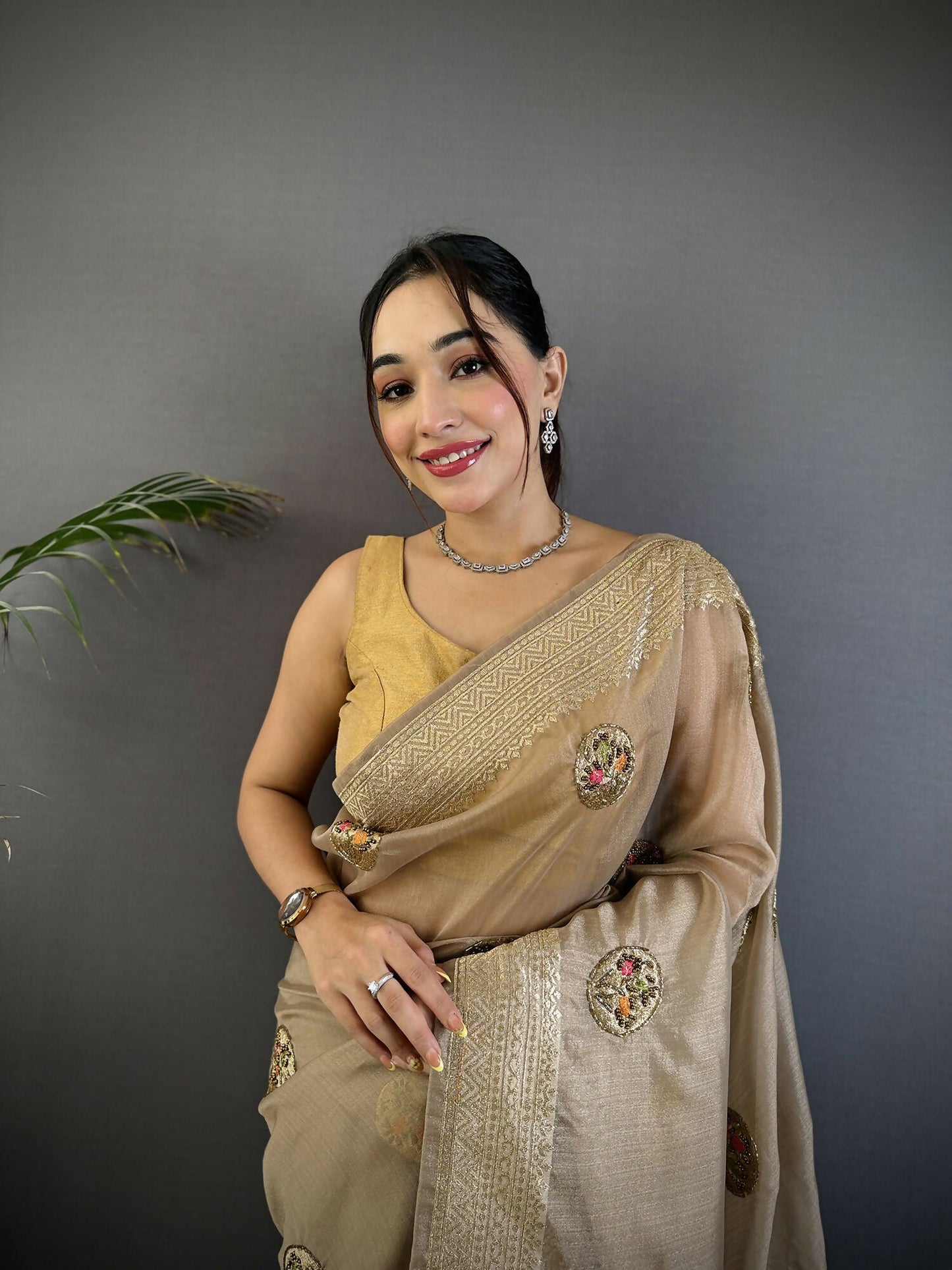 Joban Fashion Mud Brown Handloom Banarasi Organza Silk Khatali Butta Work Saree | Swadesiicart
