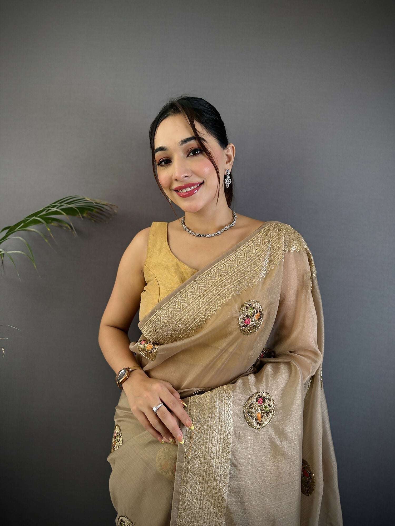 Joban Fashion Mud Brown Handloom Banarasi Organza Silk Khatali Butta Work Saree | Swadesiicart