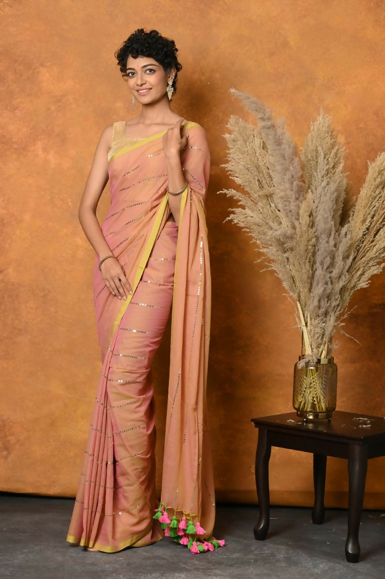 Very Much Indian Designer Mul Cotton Handloom Saree with Sequins - Peach | Swadesiicart