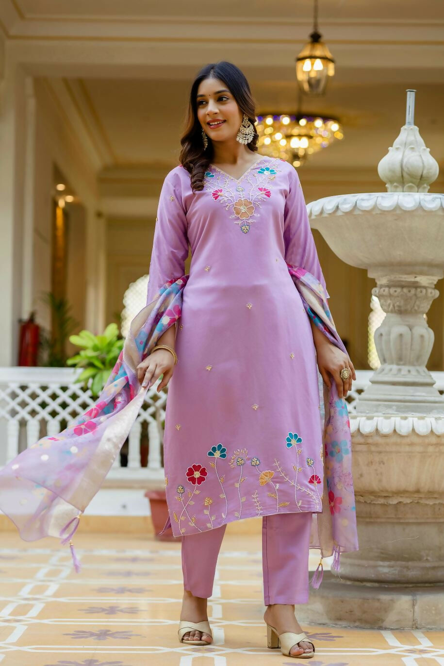 The52 Lavender Women's Gorgeous Embroidered work Viscose Gadhwal Fabric Straight Kurta, Pant and Dupatta Set - Swadesiicart