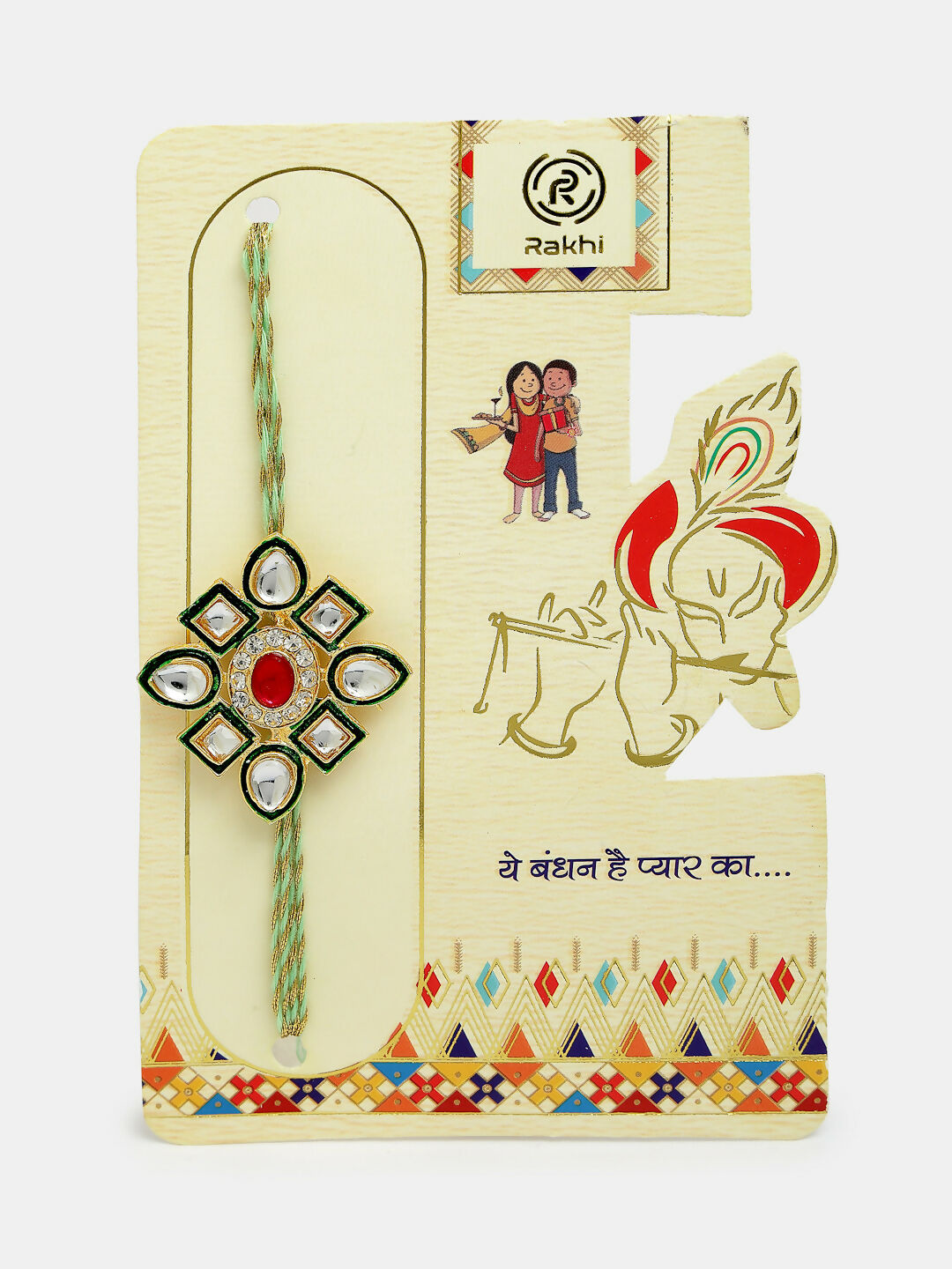 NVR Women & Men Set of 2 Gold Kundan-Studded Handcrafted Wraparound Rakhi Set With Roli Chawal | Swadesiicart