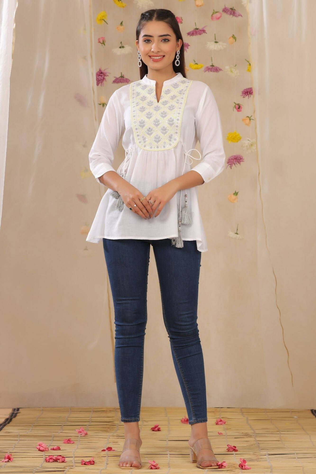 Juniper Women White Cotton Moss Embroidered A-Line Tunic | Swadesiicart