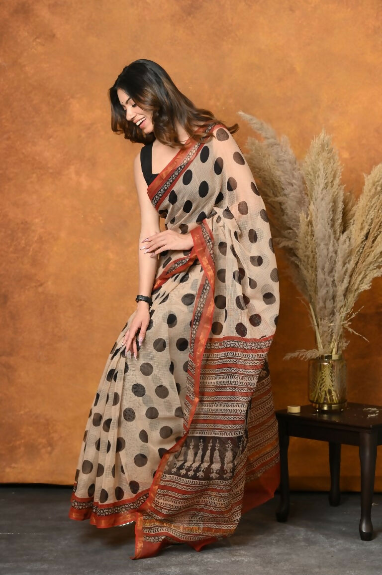 Very Much Indian Handblock Printed Cotton Saree With Natural Dyes - White | Swadesiicart