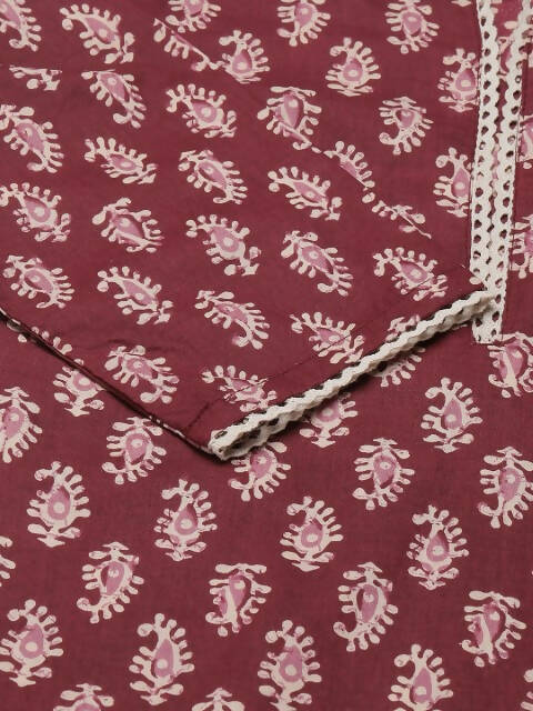 FIORRA Women's Maroon Cotton Straight Kurta Pant With Dupatta - Swadesiicart