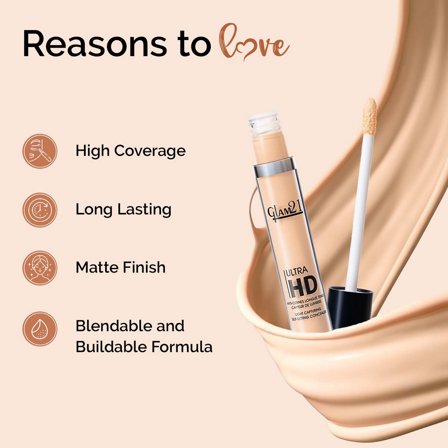 Glam21 Ultra HD Liquid Concealer for HD Finish - Light Ivory - Swadesiicart
