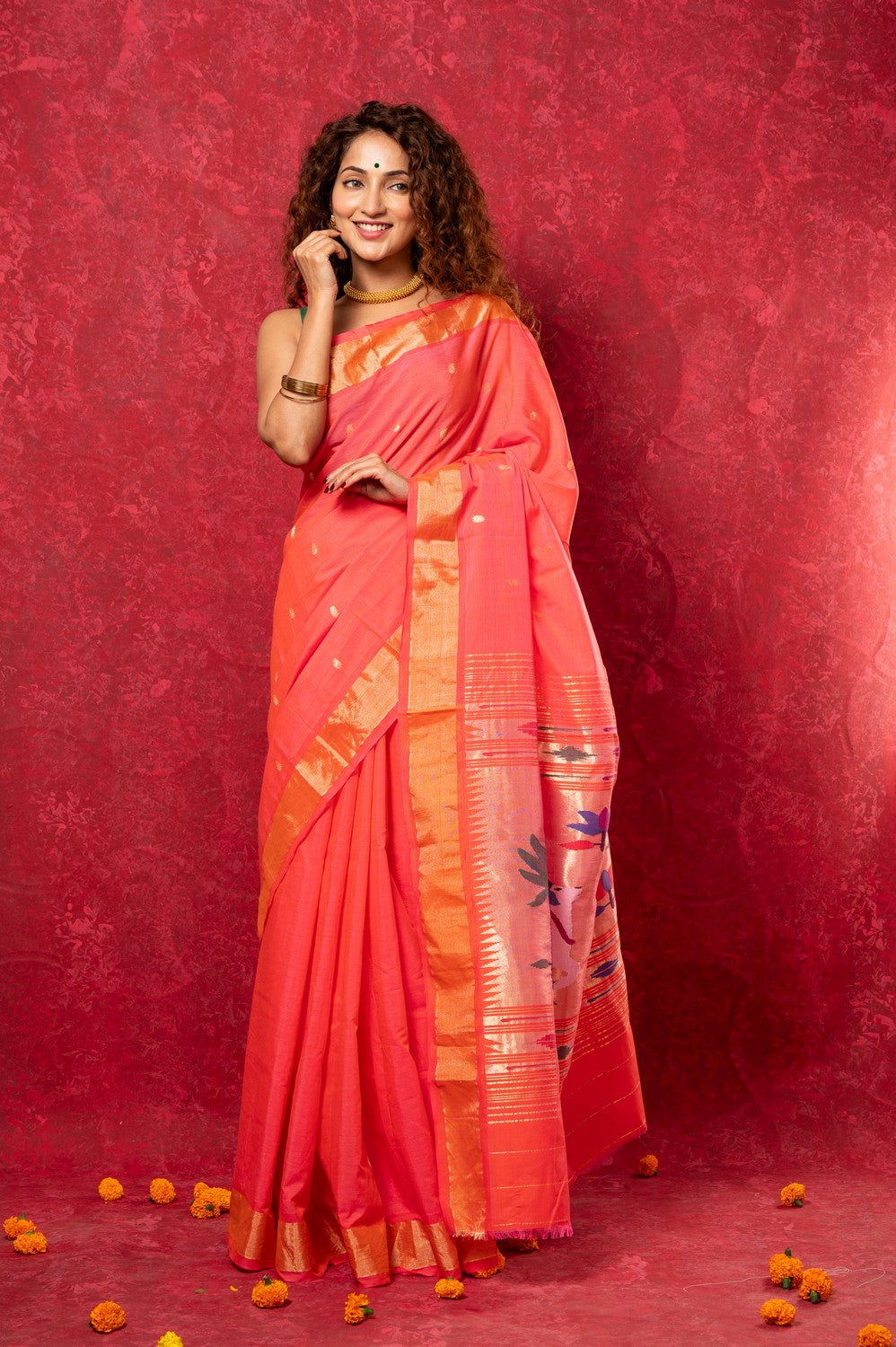 Very Much Indian Exclusive! Handloom Pure Cotton Paithani in Most Traditional Pink with Pichwai Pallu | Swadesiicart