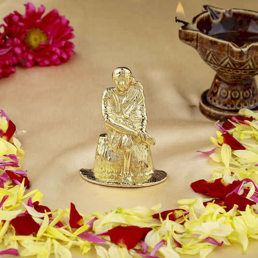 Estele Gold-Polished Divine Sirdi Sai Baba Idol with Sitting Position for Pooja/Gifts/Car decor - Swadesiicart