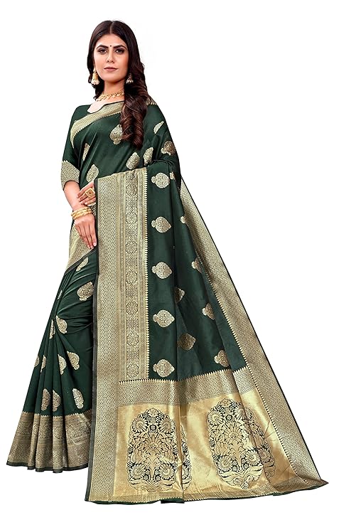 Vamika Weaving Banarasi Jacquard Green Kanjivaram Saree | Swadesiicart