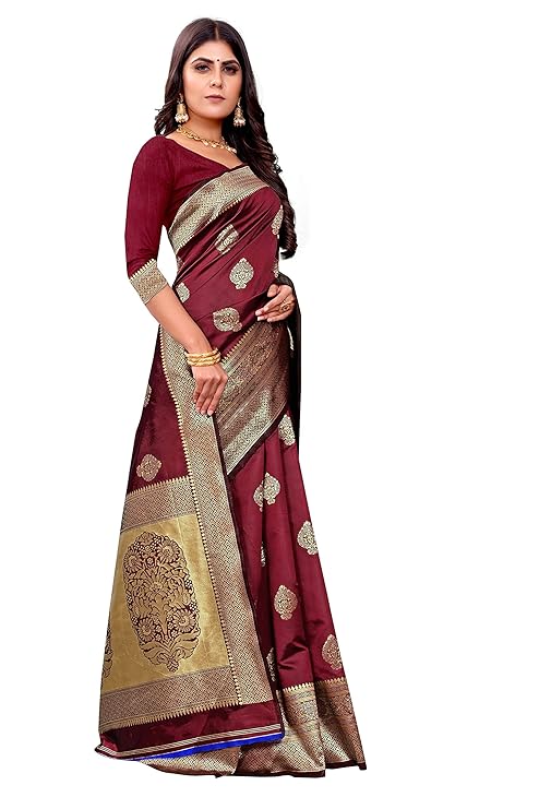 Vamika Weaving Banarasi Jacquard Maroon Kanjivaram Saree | Swadesiicart