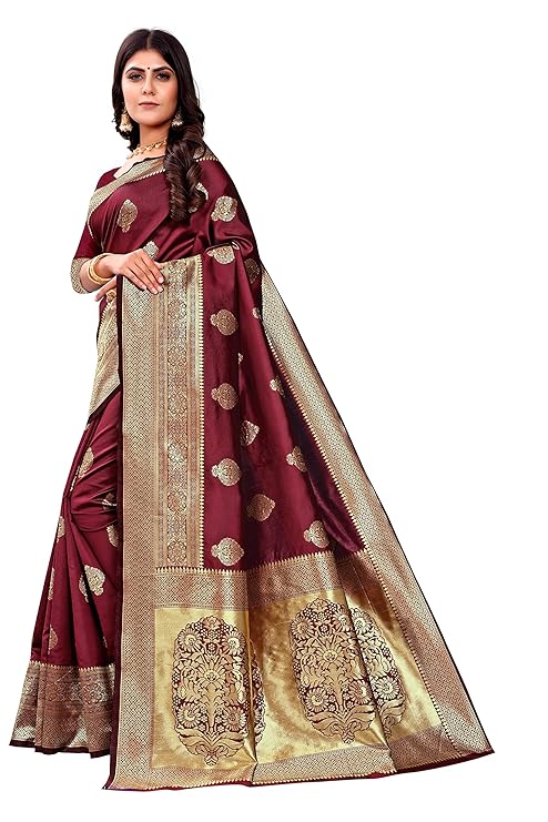 Vamika Weaving Banarasi Jacquard Maroon Kanjivaram Saree | Swadesiicart