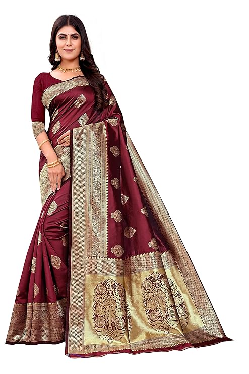 Vamika Weaving Banarasi Jacquard Maroon Kanjivaram Saree | Swadesiicart