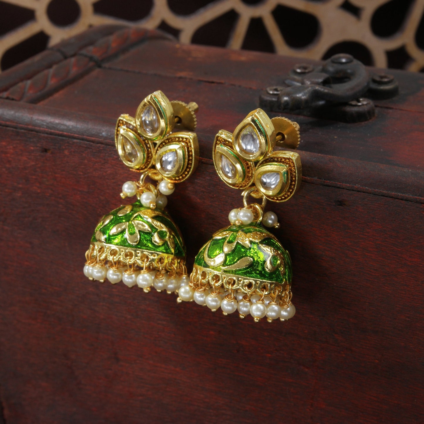 Gold-Polished Meena Work Pearl Studded Jhumki Earring For Women - Wahe Jewels - Swadesiicart