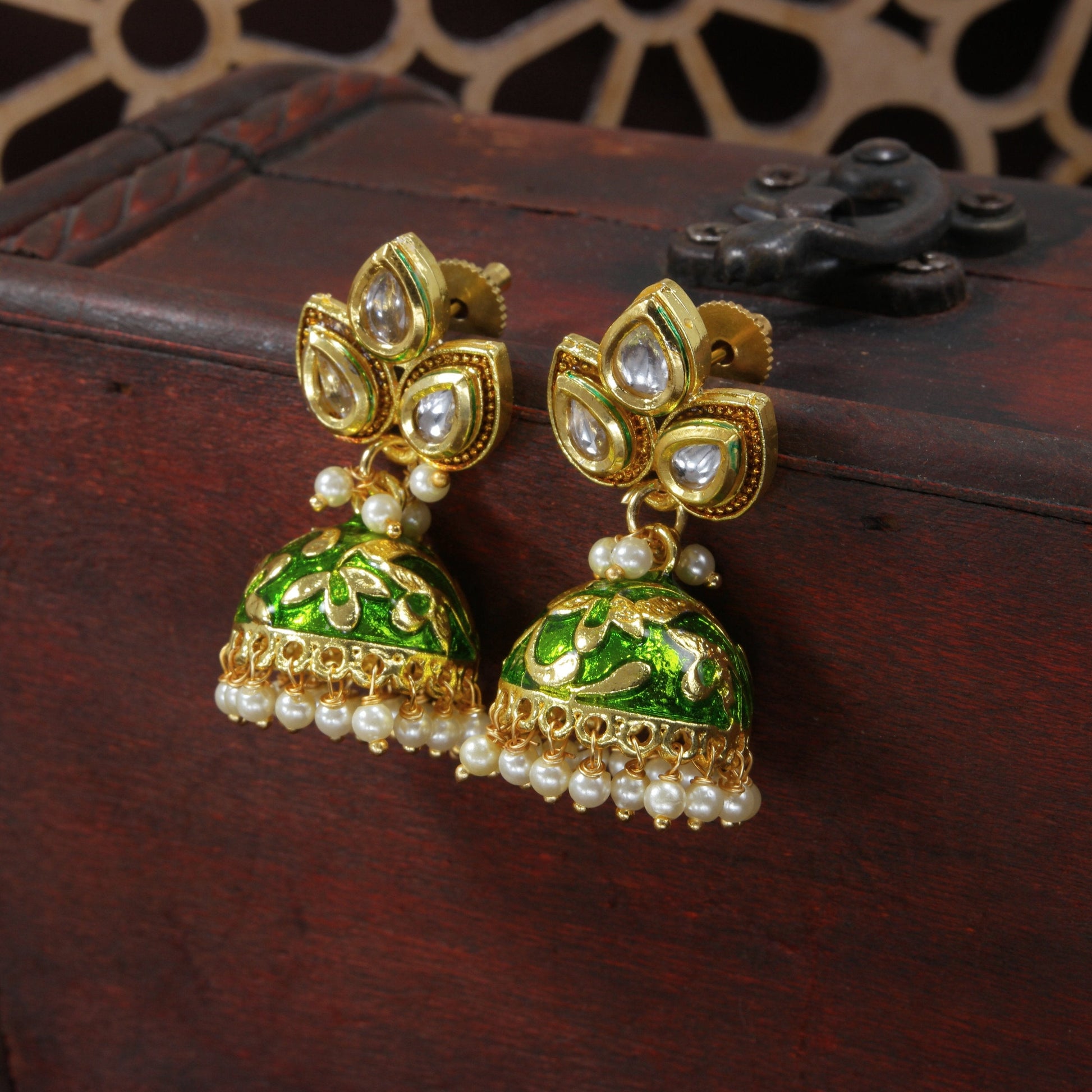 Gold-Polished Meena Work Pearl Studded Jhumki Earring For Women - Wahe Jewels - Swadesiicart