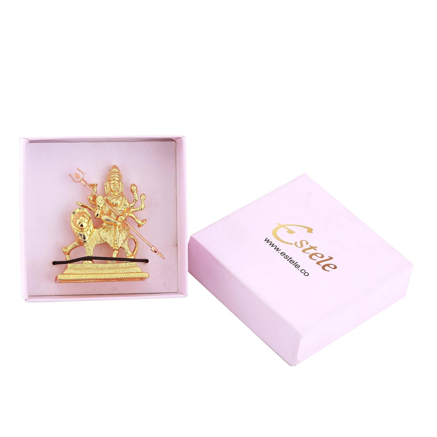 Estele Gold-Polished Durga Ma Idol with sitting on lion for Pooja & Car decor - Swadesiicart