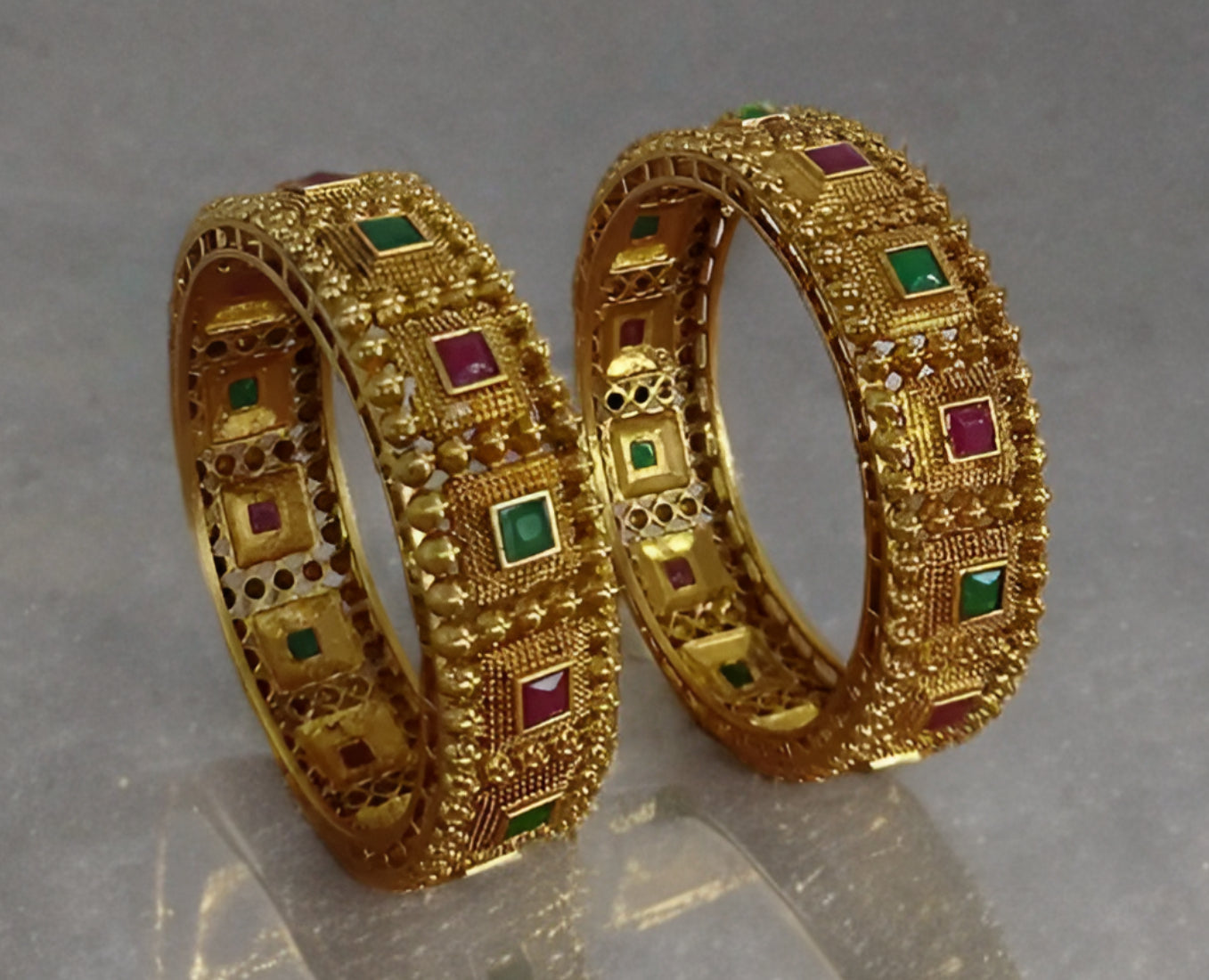 Jewel City Traditional Gold-Plated Temple Design Bangles Ethnic Kada Style Bangles with Red & Green Stones Indian Bridal Jewelry | Swadesiicart