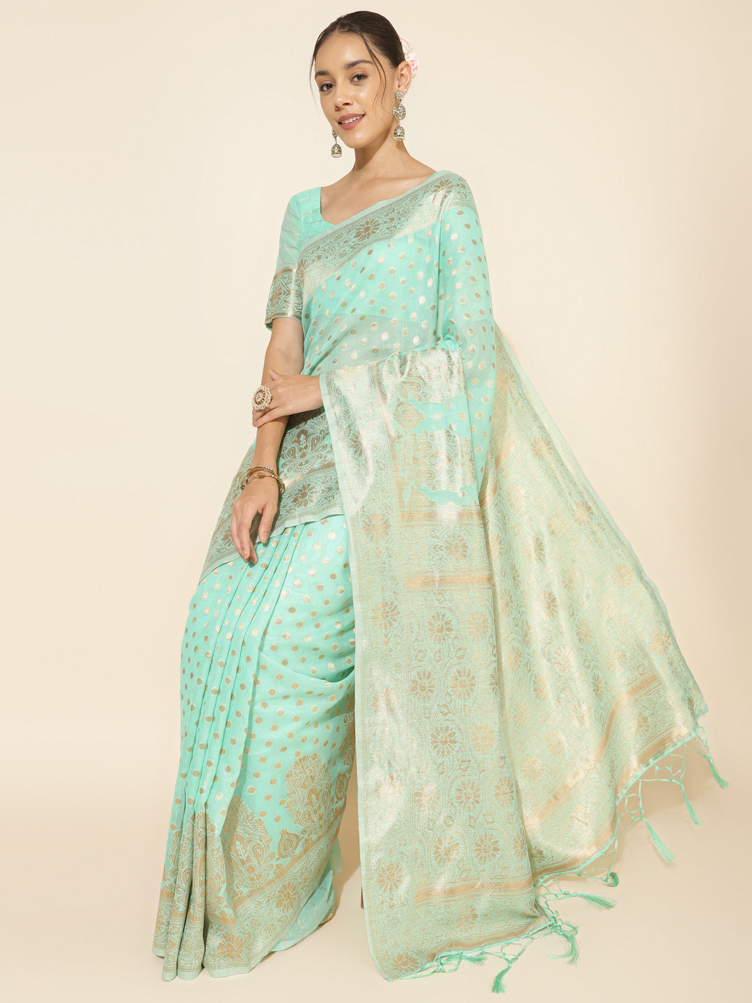Janasya Sea Green Chanderi Silk Polka Design Woven Design Saree | Swadesiicart