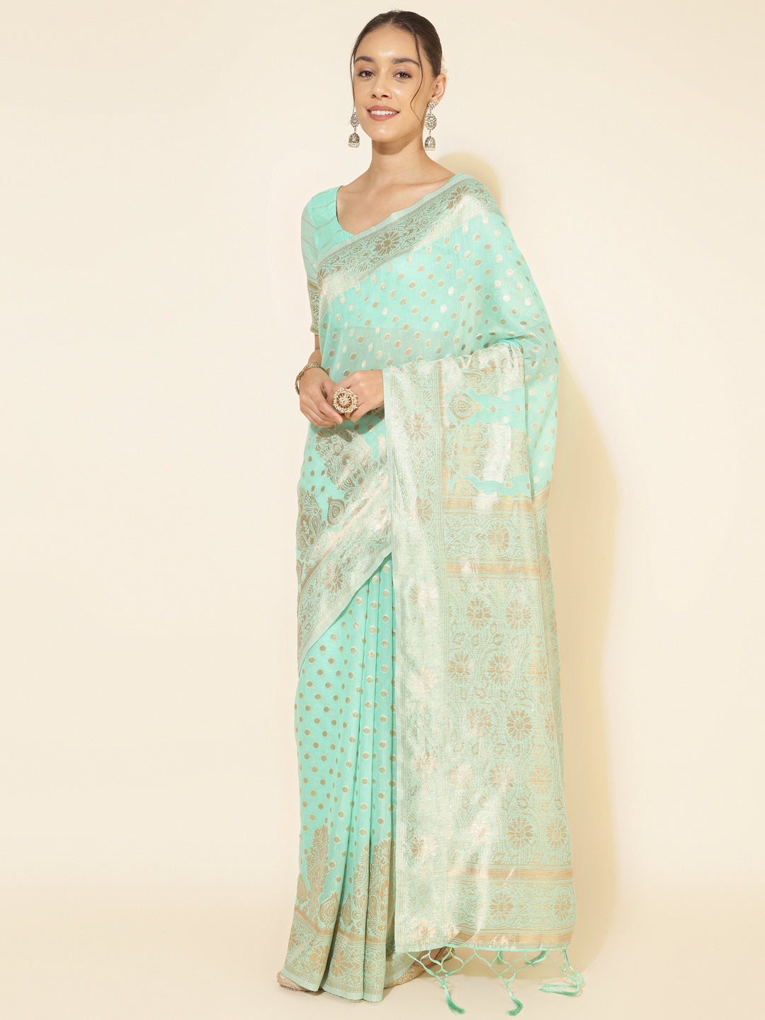 Janasya Sea Green Chanderi Silk Polka Design Woven Design Saree | Swadesiicart