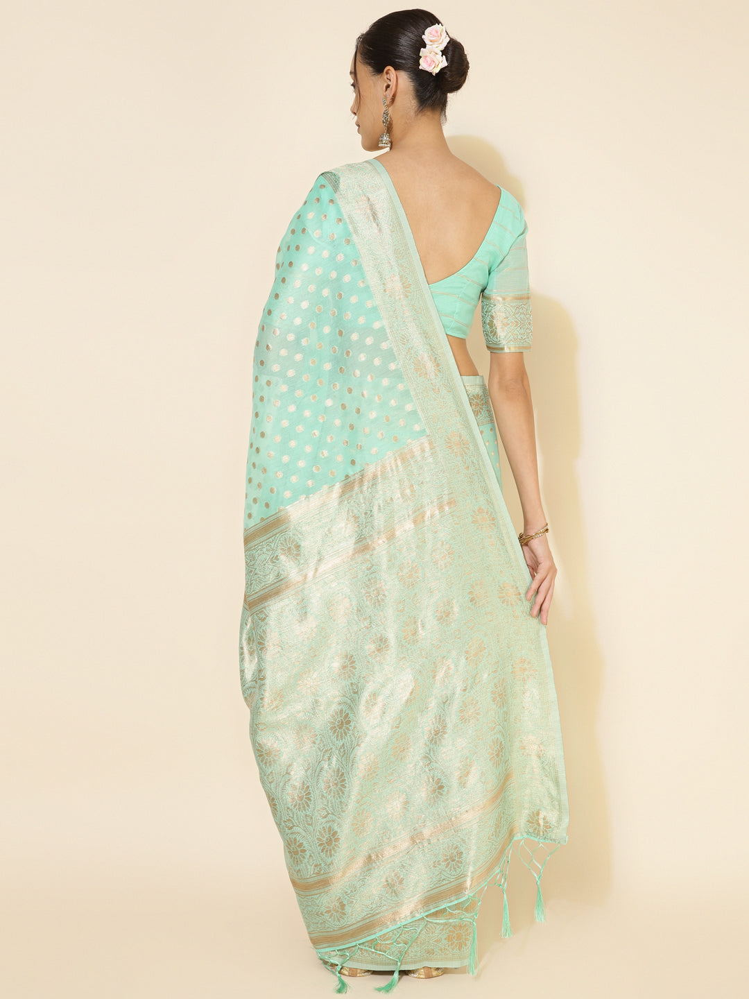 Janasya Sea Green Chanderi Silk Polka Design Woven Design Saree | Swadesiicart