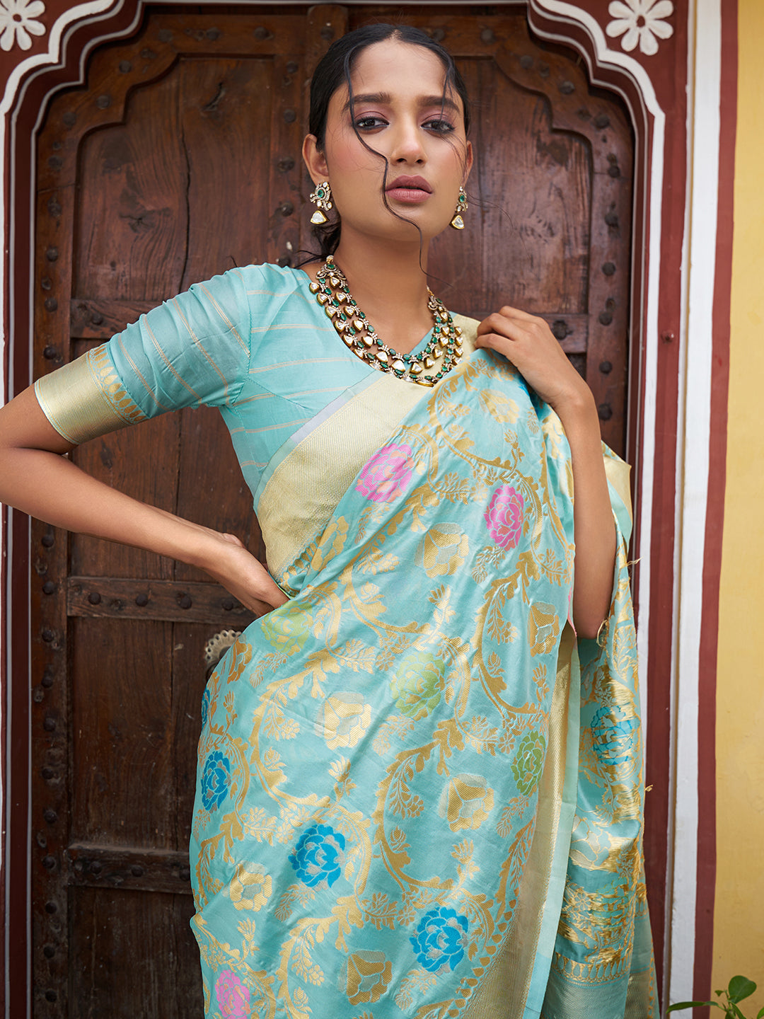 Janasya Sea Green Banarasi Silk Woven Floral Design Banarasi Saree | Swadesiicart