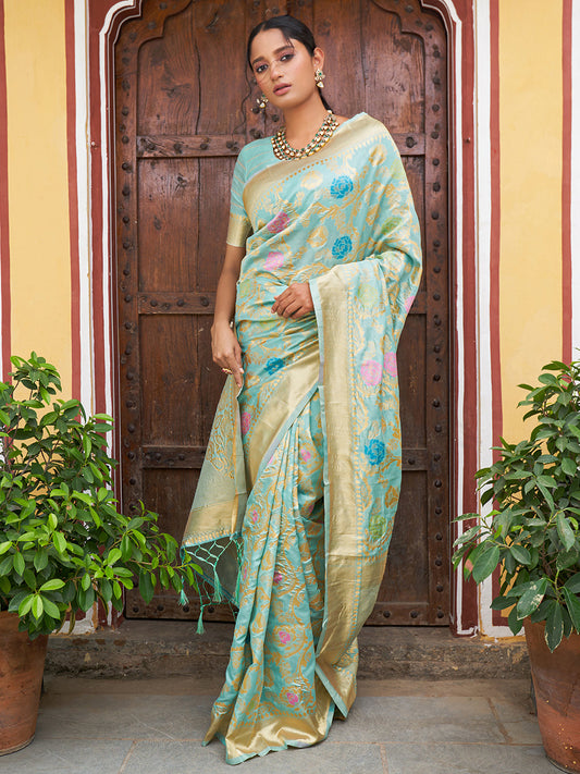 Janasya Sea Green Banarasi Silk Woven Floral Design Banarasi Saree | Swadesiicart