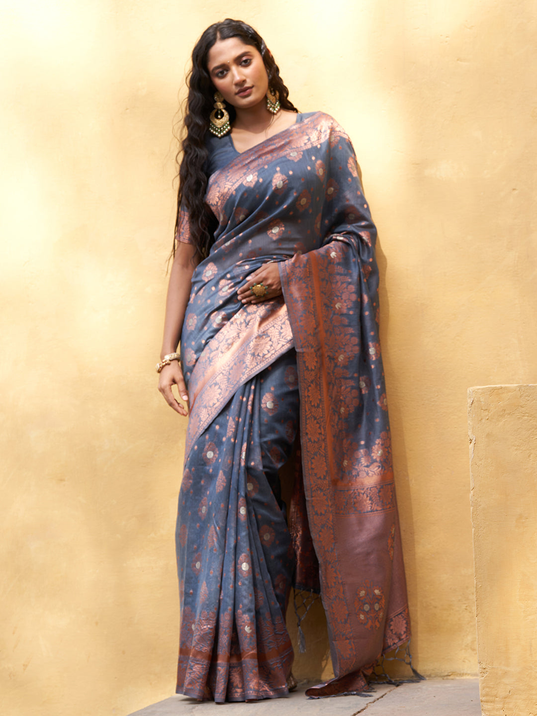 Janasya Dark Grey Chanderi Silk Ethnic Motifs Woven Design Saree | Swadesiicart