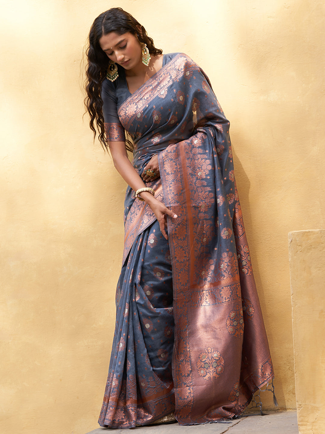 Janasya Dark Grey Chanderi Silk Ethnic Motifs Woven Design Saree | Swadesiicart