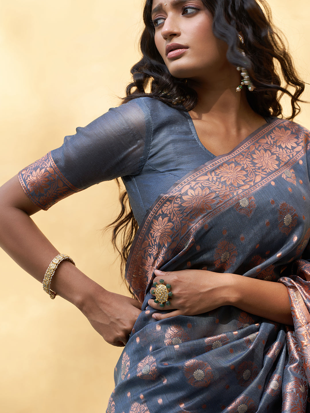 Janasya Dark Grey Chanderi Silk Ethnic Motifs Woven Design Saree | Swadesiicart