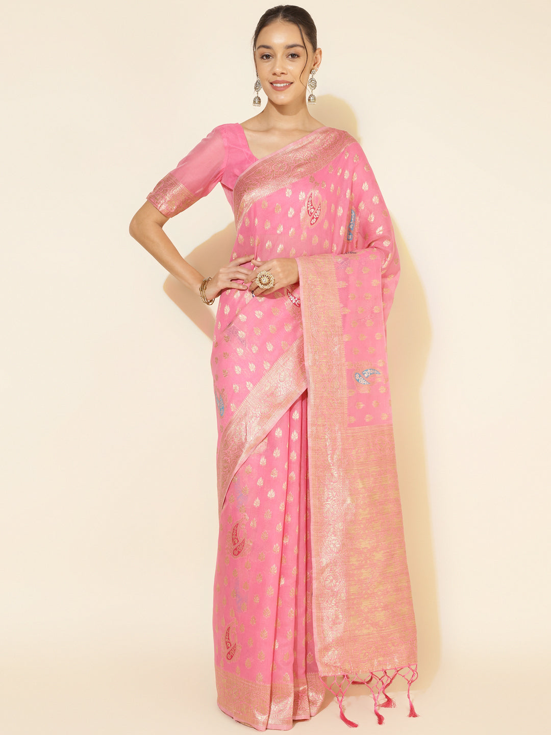 Janasya Light Pink Chanderi Silk Ethnic Motifs Woven Design Saree | Swadesiicart