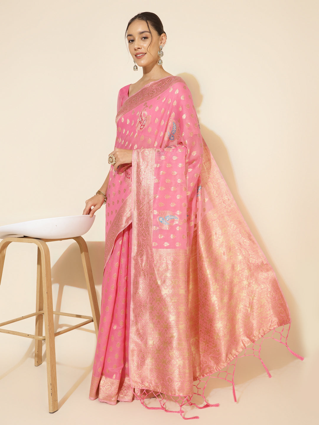 Janasya Light Pink Chanderi Silk Ethnic Motifs Woven Design Saree | Swadesiicart