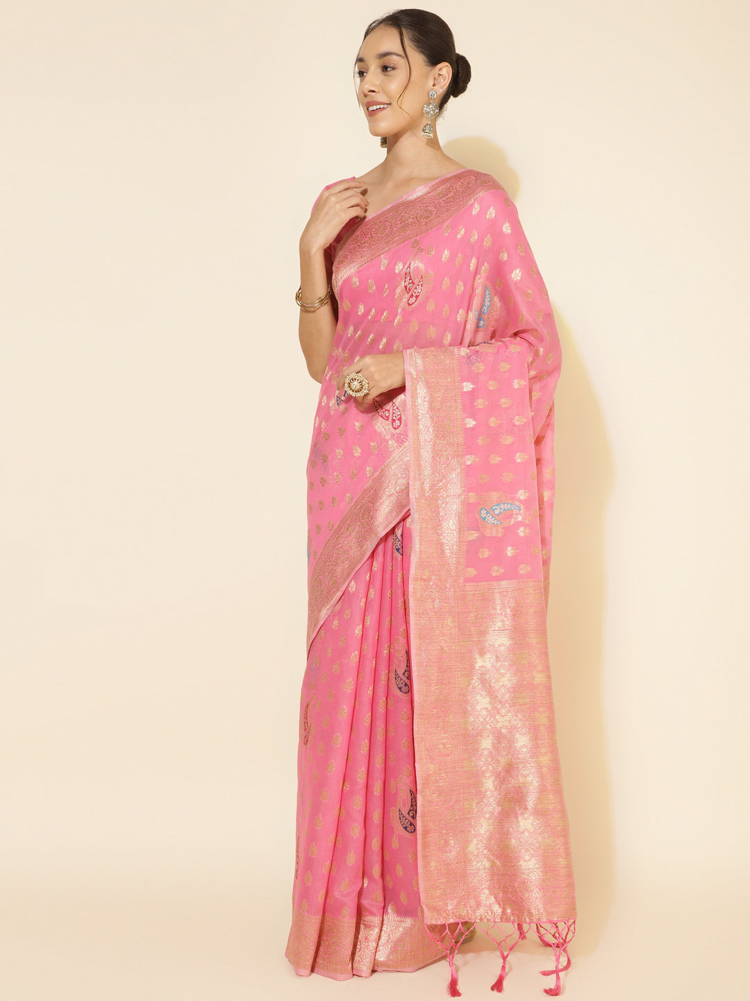 Janasya Light Pink Chanderi Silk Ethnic Motifs Woven Design Saree | Swadesiicart