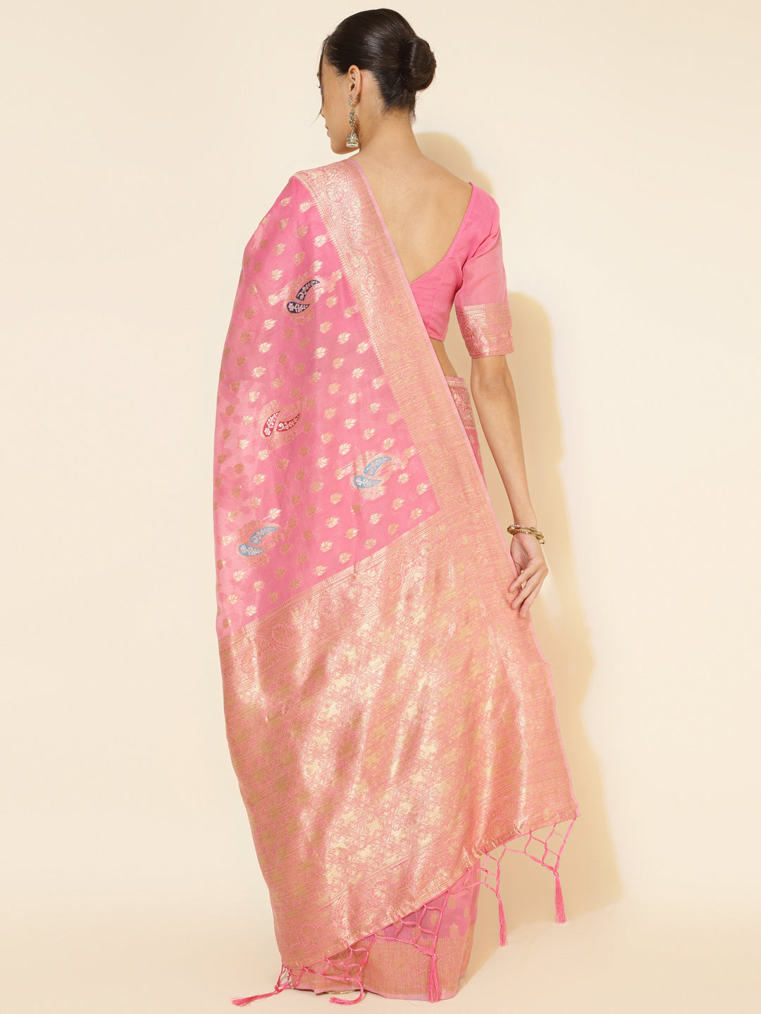 Janasya Light Pink Chanderi Silk Ethnic Motifs Woven Design Saree | Swadesiicart